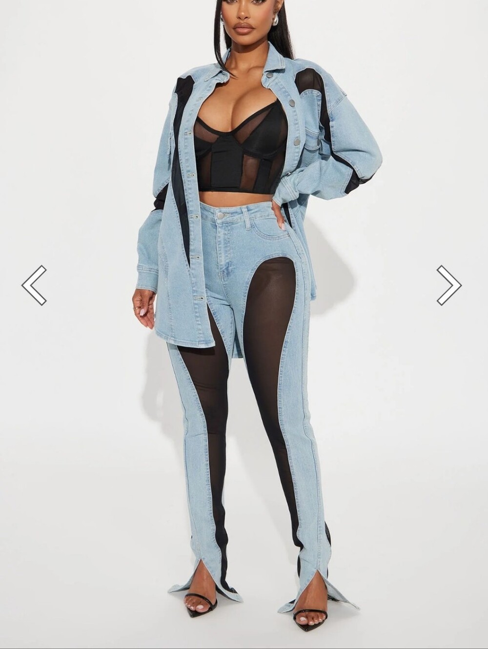 Denim & Mesh Panel High-Waist Pants - Light Blue / Black Size 15 NWT